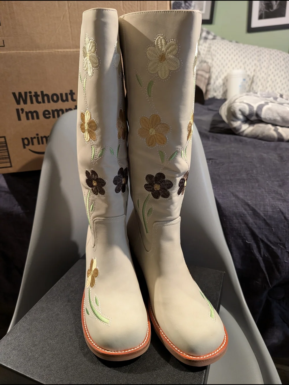 Embroidered Cream Over-the-Knee Boots with Floral Detail